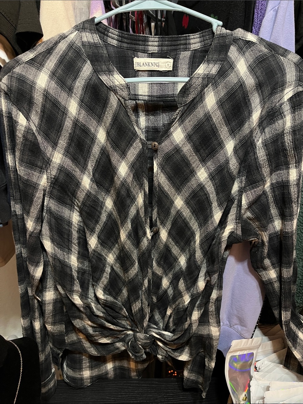 Blank NYC Black and White Plaid Tie-Front Button-Down Shirt